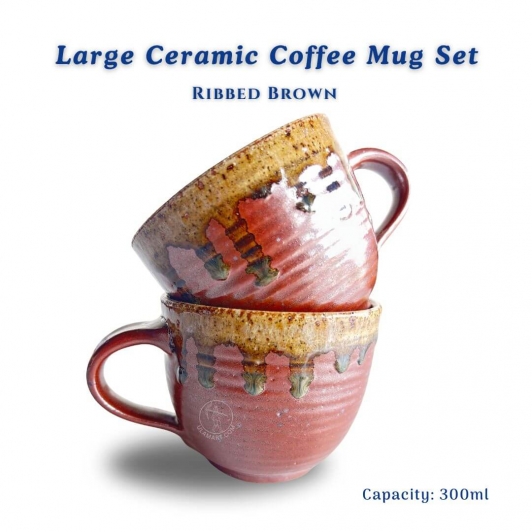 Large Ceramic Coffee Mug - Ribbed Brown