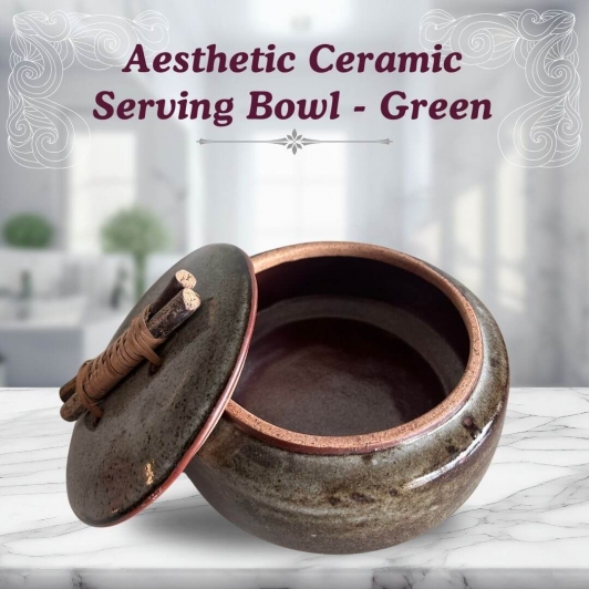 Aesthetic Ceramic Serving Bowl - Green | Roti Box | Premium Quality