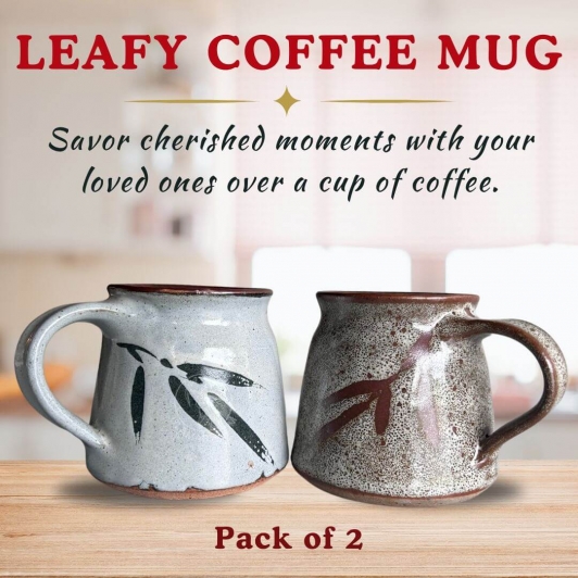 Leaf Engraved Ceramic Coffee Mug - Set of 2